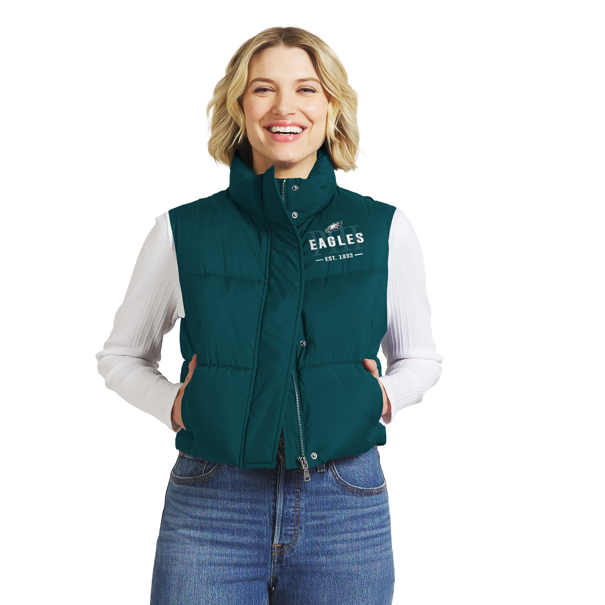 Wear by Erin Andrews Women's Midnight Green Philadelphia Eagles Cropped Puffer Full-Zip Vest - Midnight Green