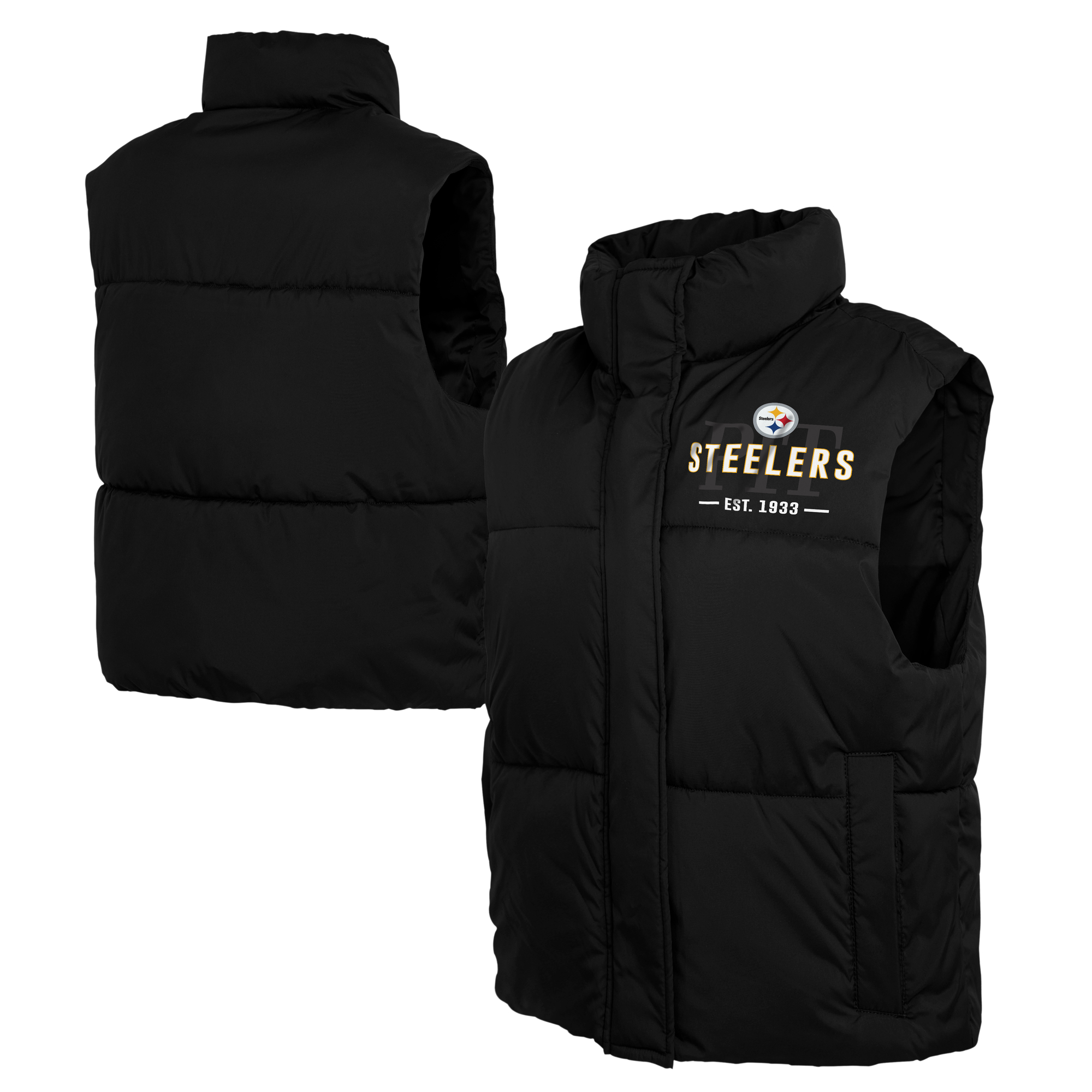 Wear by Erin Andrews Women's Black Pittsburgh Steelers Cropped Puffer Full-Zip Vest - Black