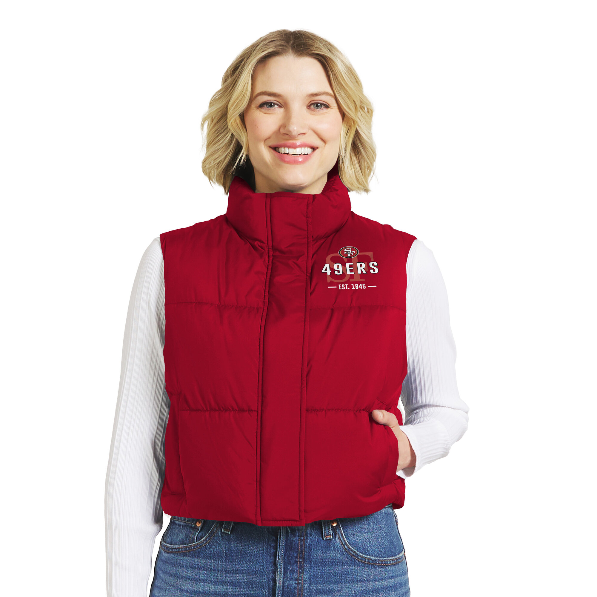 Wear by Erin Andrews Women's Scarlet San Francisco 49ers Cropped Puffer Full-Zip Vest - Scarlet