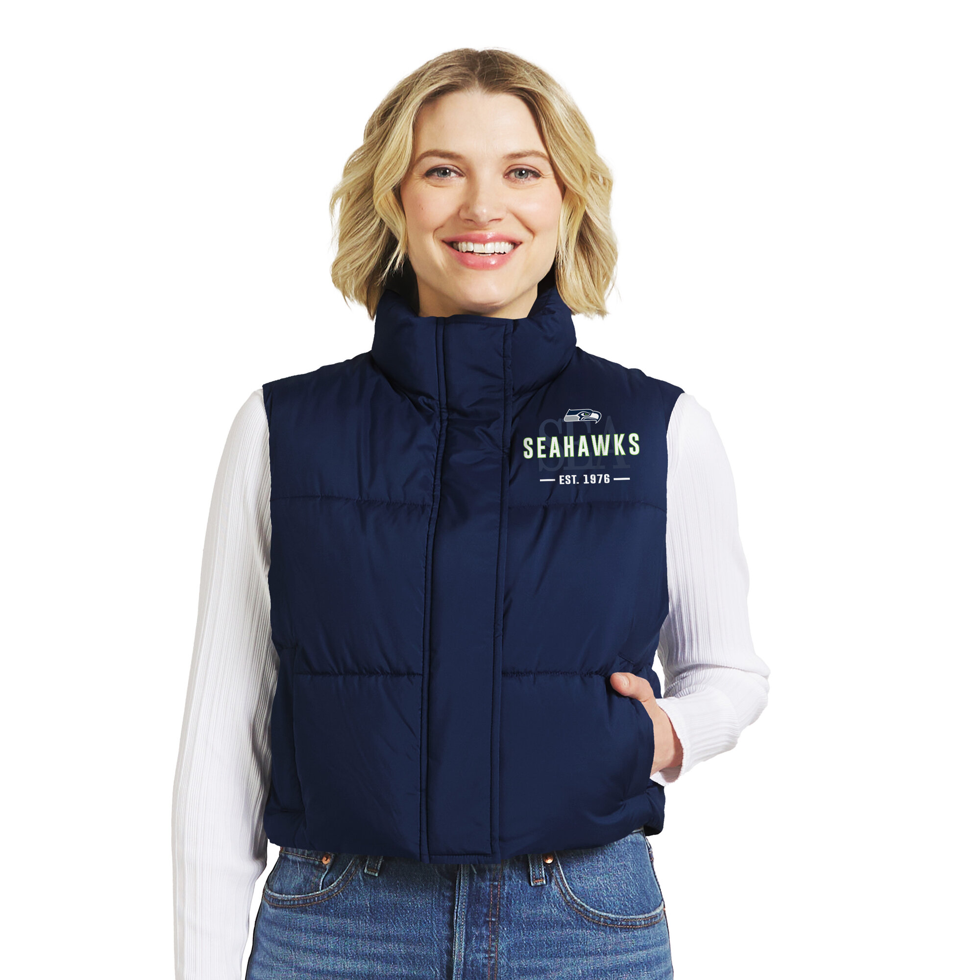 Women's WEAR by Erin Andrews  College Navy Seattle Seahawks Cropped Puffer Full-Zip Vest