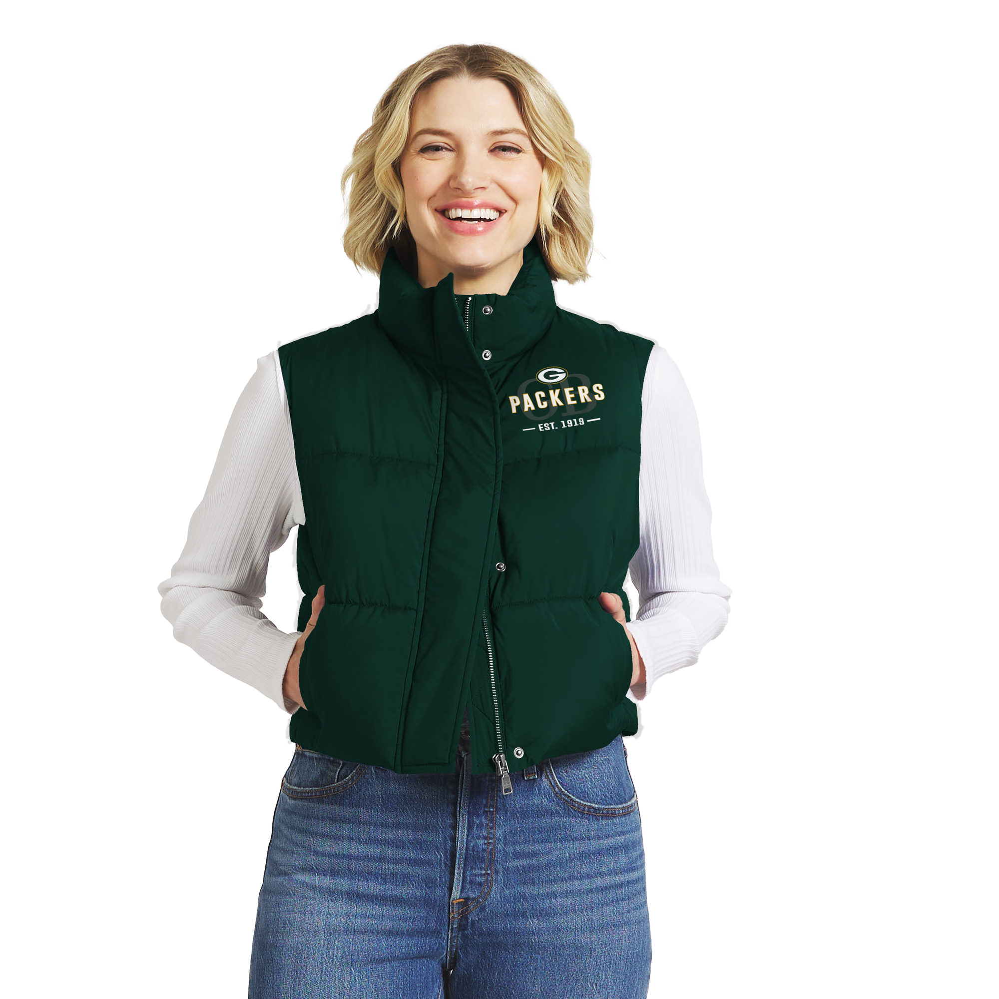 Wear by Erin Andrews Women's Green Bay Packers Cropped Puffer Full-Zip Vest - Green