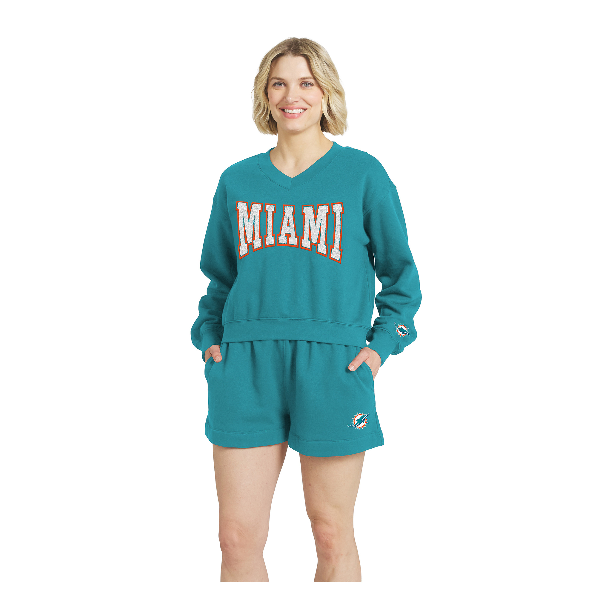 Women's WEAR by Erin Andrews Aqua Miami Dolphins Fleece V-Neck Lounge Set