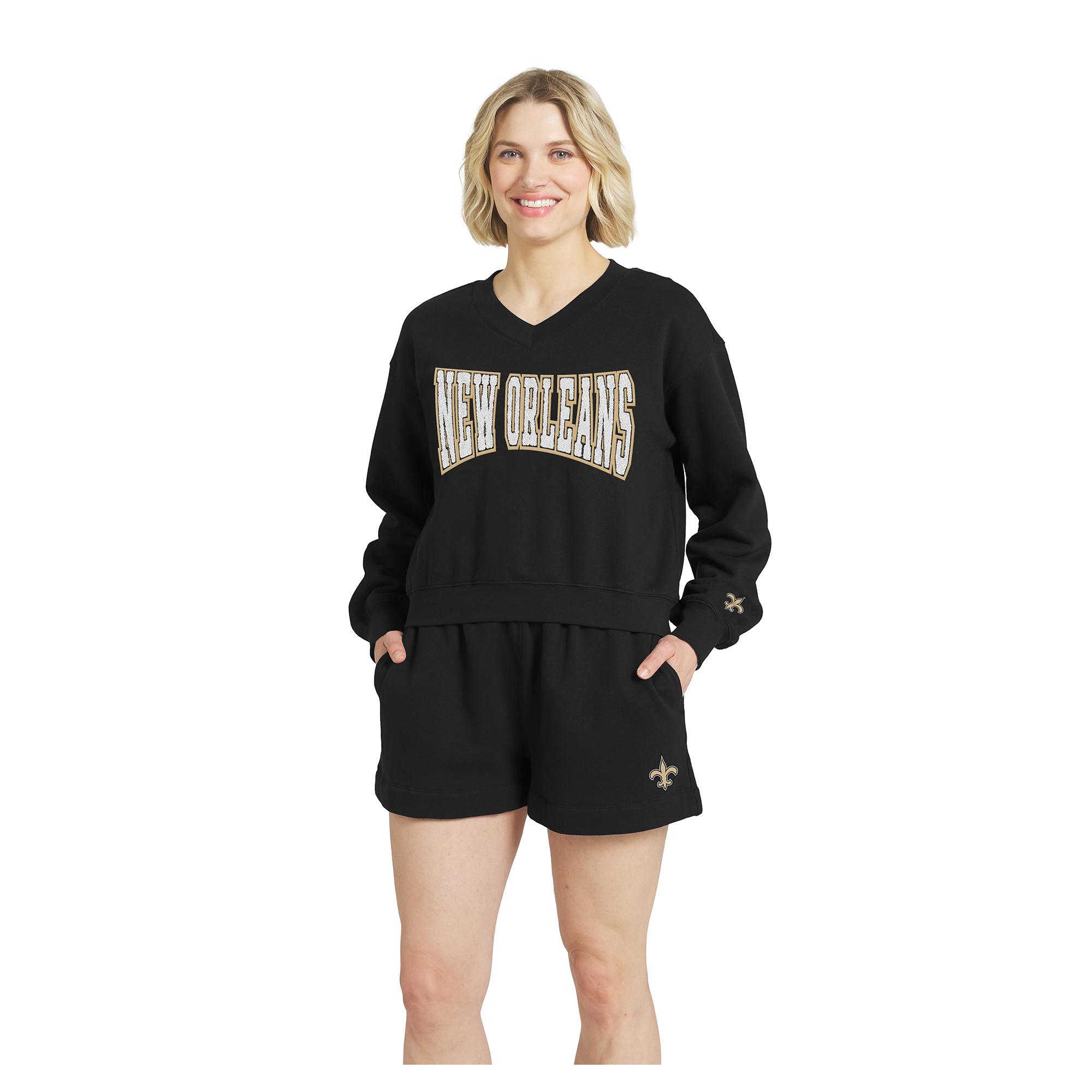 Women’s WEAR by Erin Andrews Black New Orleans Saints Fleece V-Neck Lounge Set Women’s WEAR by Erin Andrews Black New Orleans Saints Fleece V-Neck Lounge Set