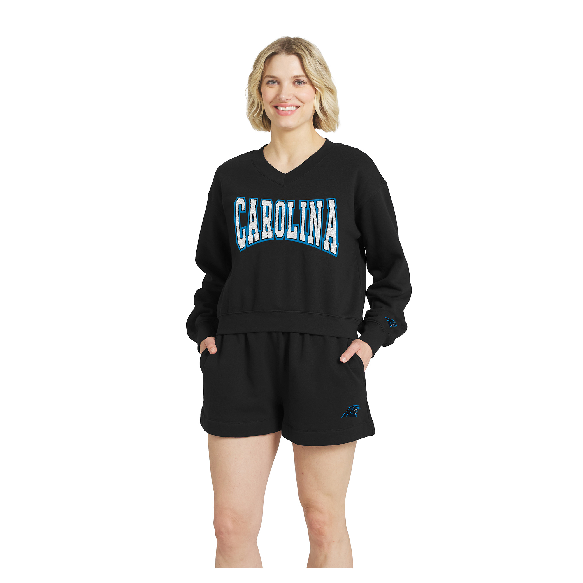 Women's WEAR by Erin Andrews Black Carolina Panthers Fleece V-Neck Lounge Set