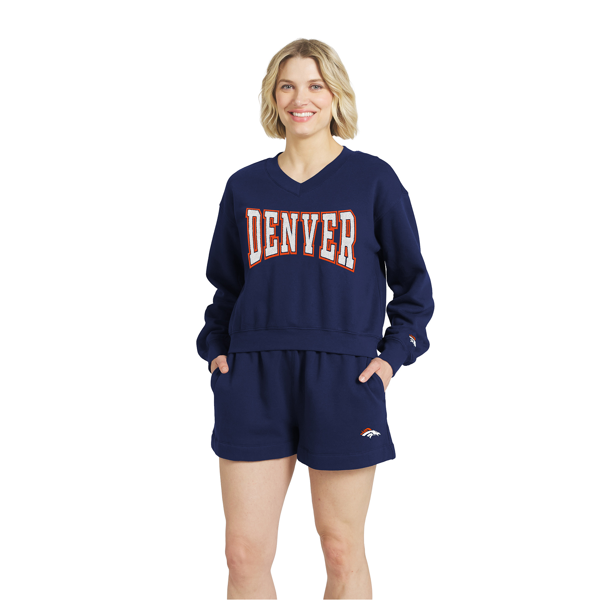 Women's WEAR by Erin Andrews Navy Denver Broncos Fleece V-Neck Lounge Set