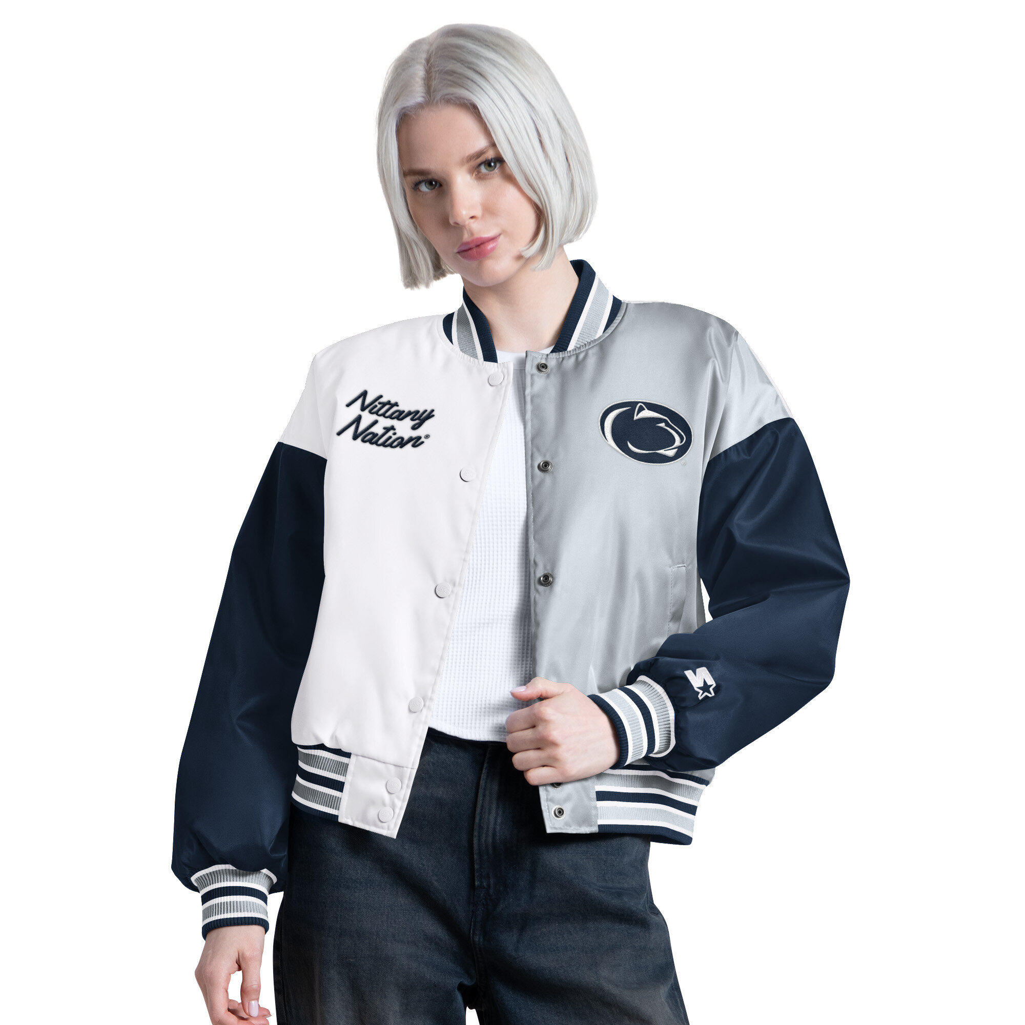 Women’s Starter Navy/Gray Penn State Nittany Lions Game On Full Snap Varsity Jacket Women’s Starter Navy/Gray Penn State Nittany Lions Game On Full Snap Varsity Jacket