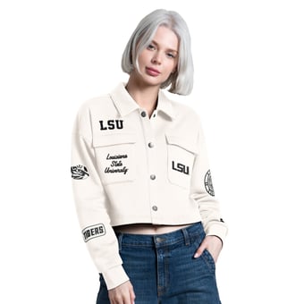 Women's Starter Cream LSU Tigers Anchor Full Snap Cropped Shacket