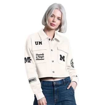 Women's Starter Cream Michigan Wolverines Anchor Full Snap Cropped Shacket