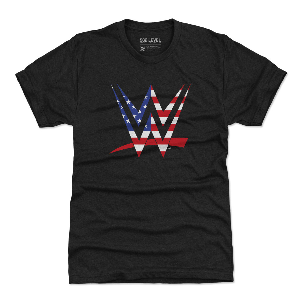 Men’s 500 Level WWE Logo American Flag Tri-Blend T-Shirt – Black Men’s 500 Level WWE Logo American Flag Tri-Blend T-Shirt – Black