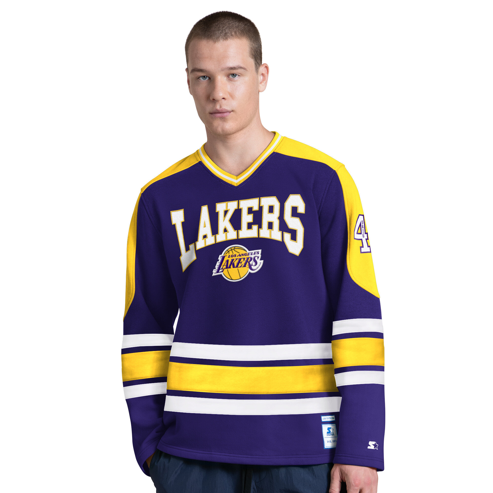 Men's Starter Purple Los Angeles Lakers Puck Drop Long Sleeve V-Neck T-Shirt