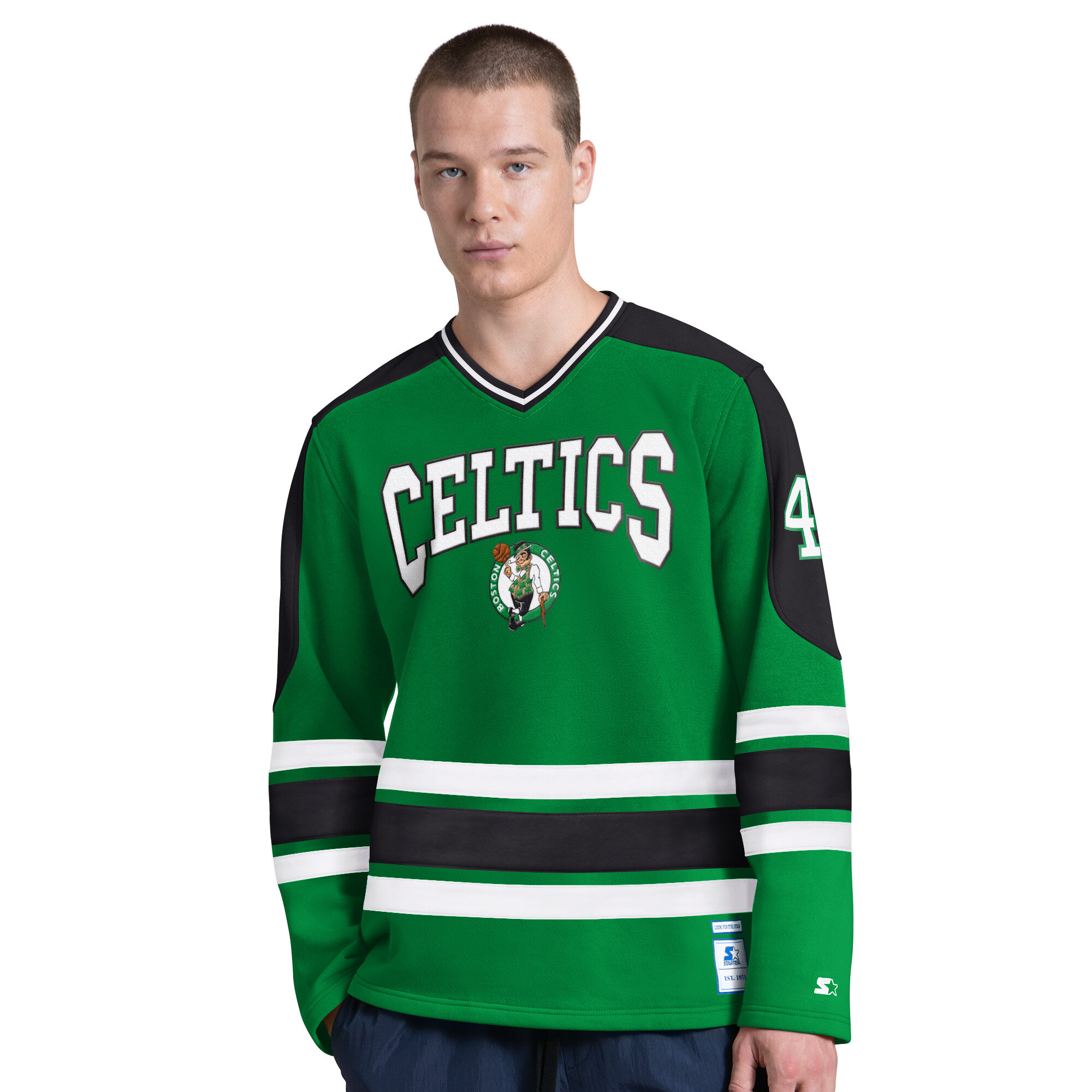 Men's Starter Kelly Green Boston Celtics Puck Drop Long Sleeve V-Neck T-Shirt
