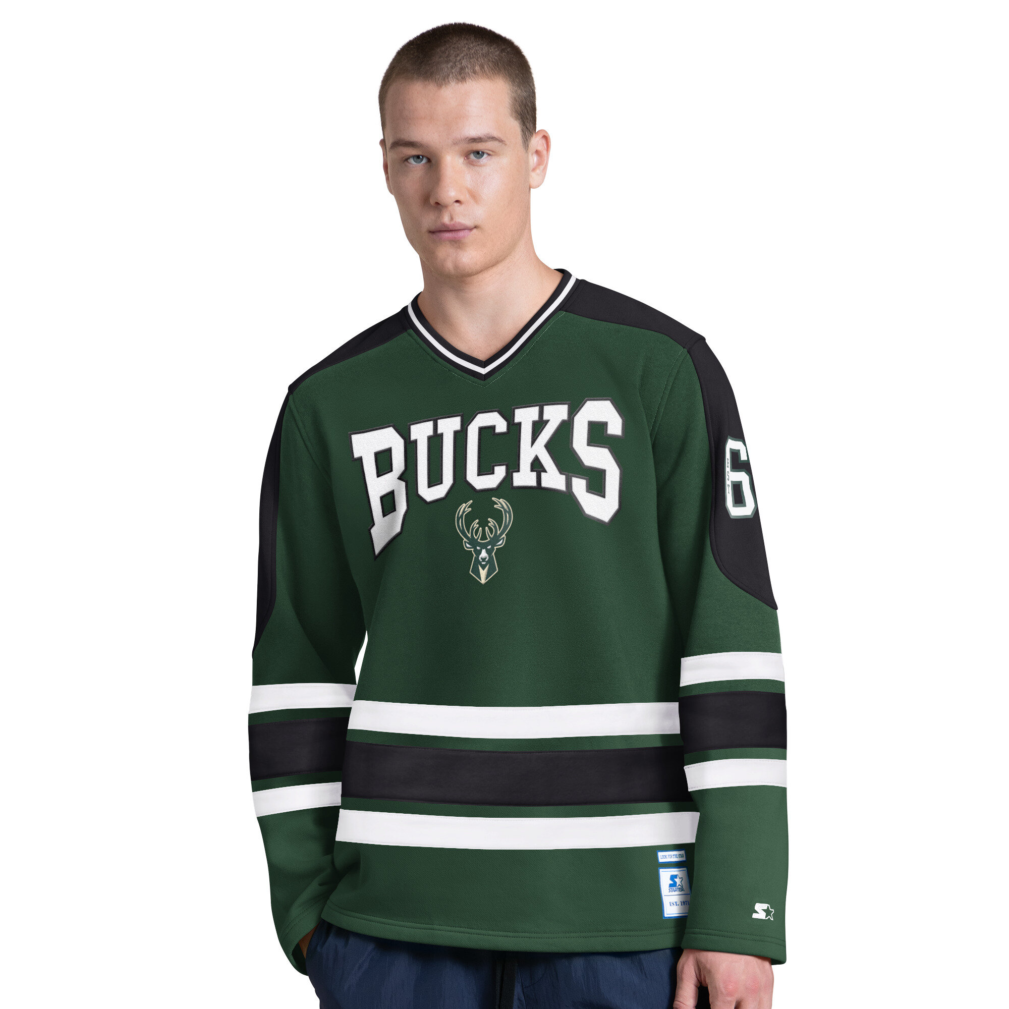 Men's Starter Hunter Green Milwaukee Bucks Puck Drop Long Sleeve V-Neck T-Shirt