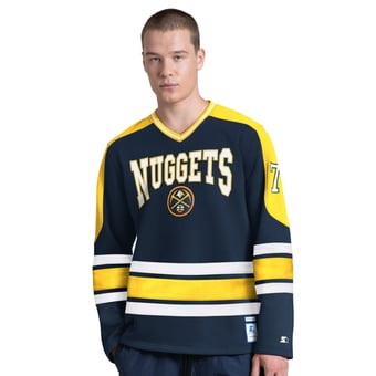 Men's Starter Navy Denver Nuggets Puck Drop Long Sleeve V-Neck T-Shirt