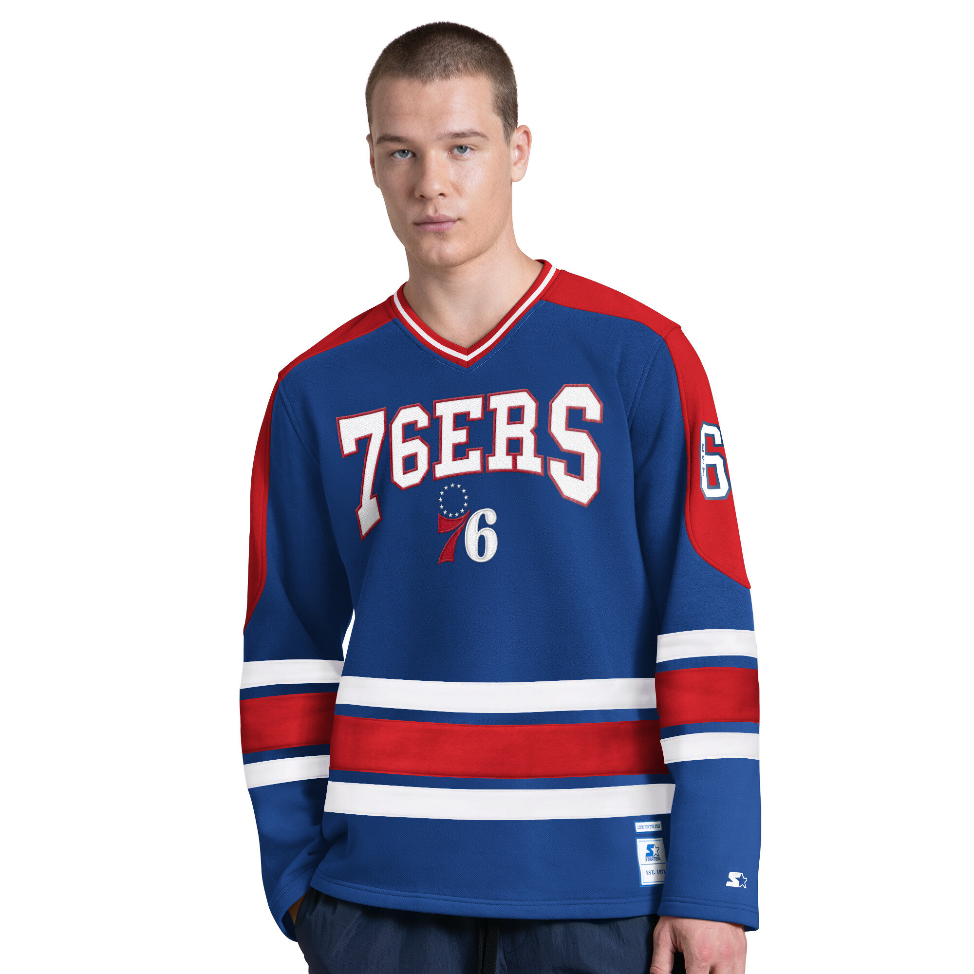Men's Starter Royal Philadelphia 76ers Puck Drop Long Sleeve V-Neck T-Shirt