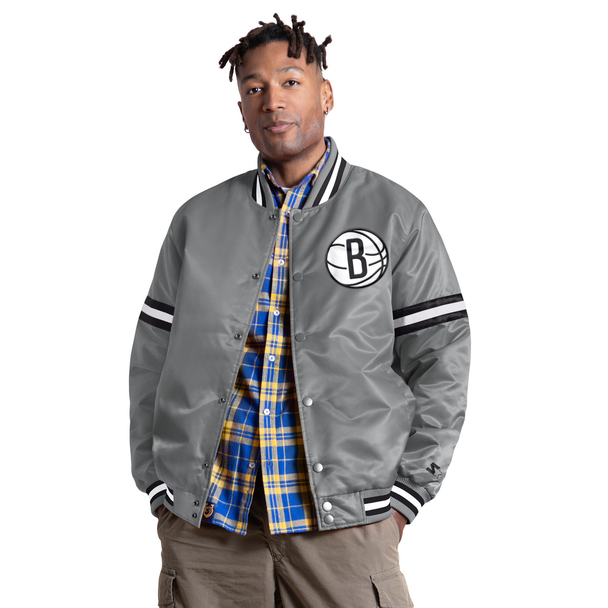 Men's Starter Gray Brooklyn Nets Courtside II Varsity Full Snap Jacket
