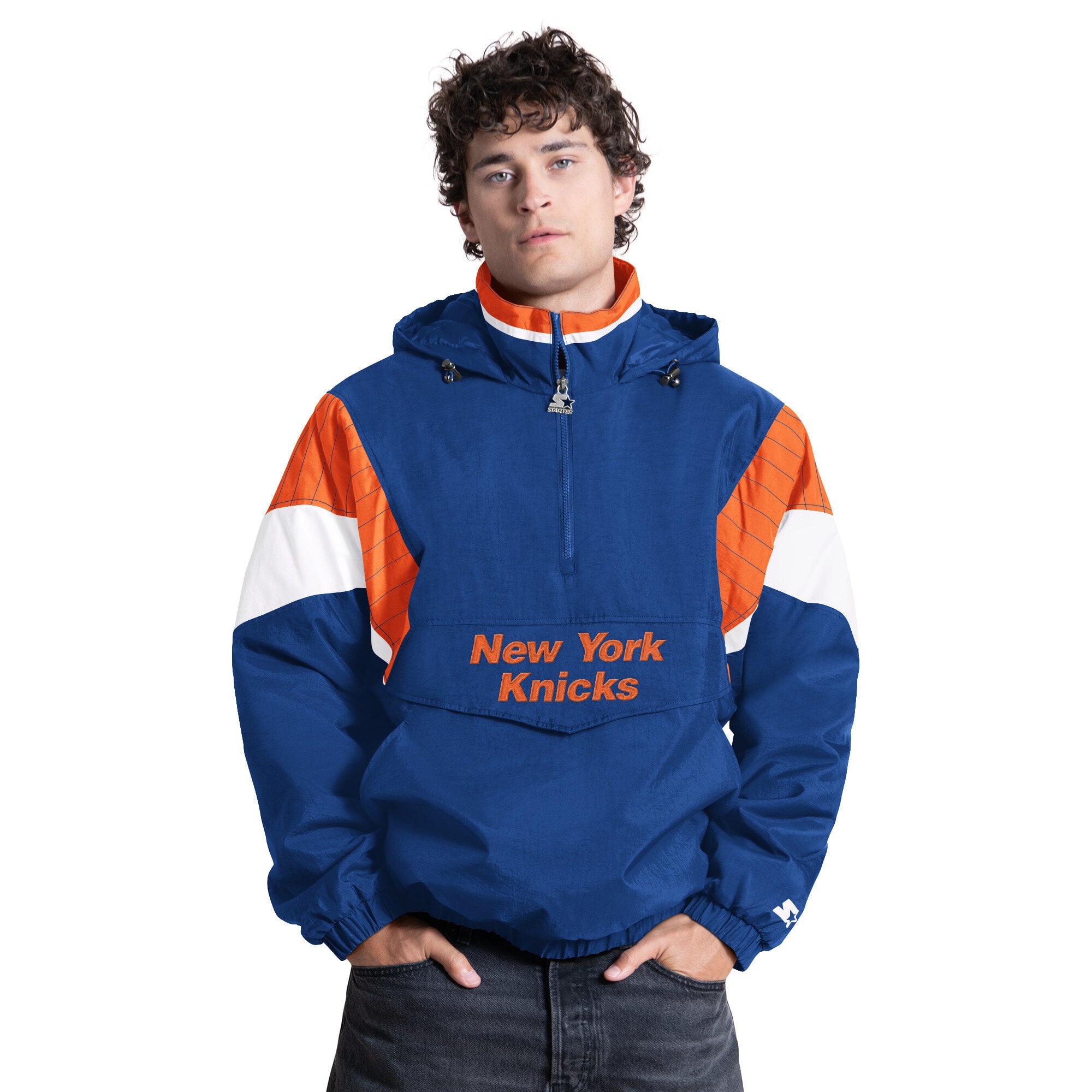 Starter Men's Blue New York Knicks The Throwback Half-Zip Hooded Jacket - Blue