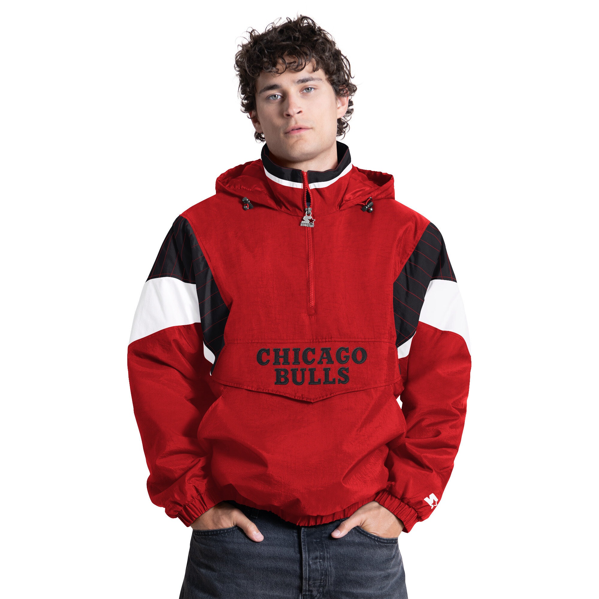 Men's Starter Red Chicago Bulls Quarter-Zip Hooded Jacket