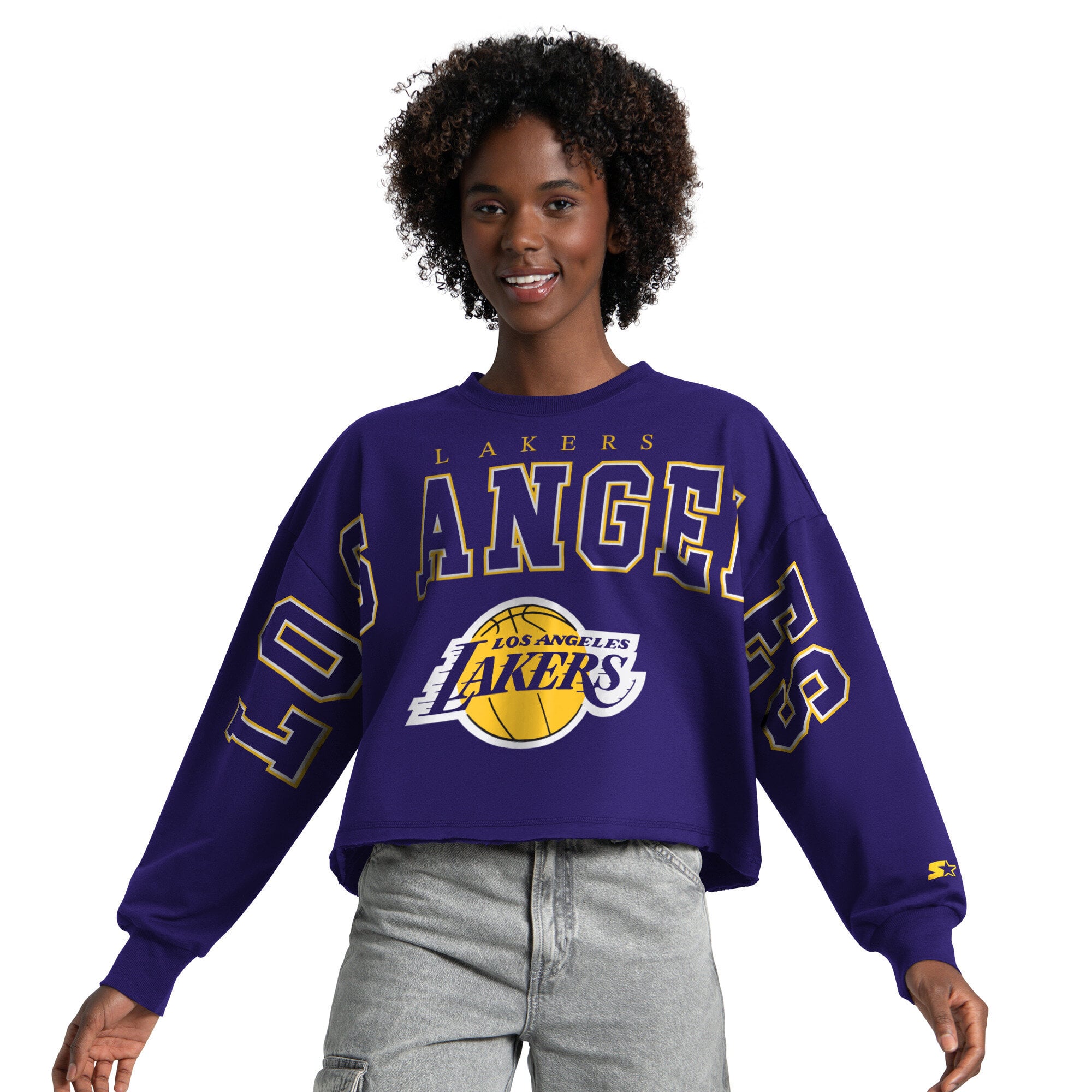 Women's Starter Purple Los Angeles Lakers Bleachers Cropped Sweatshirt
