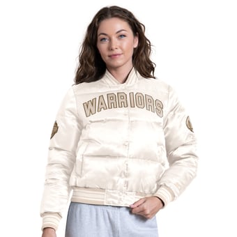 Women's Starter White Golden State Warriors Pump Fake Puffer Full Snap Cropped Jacket