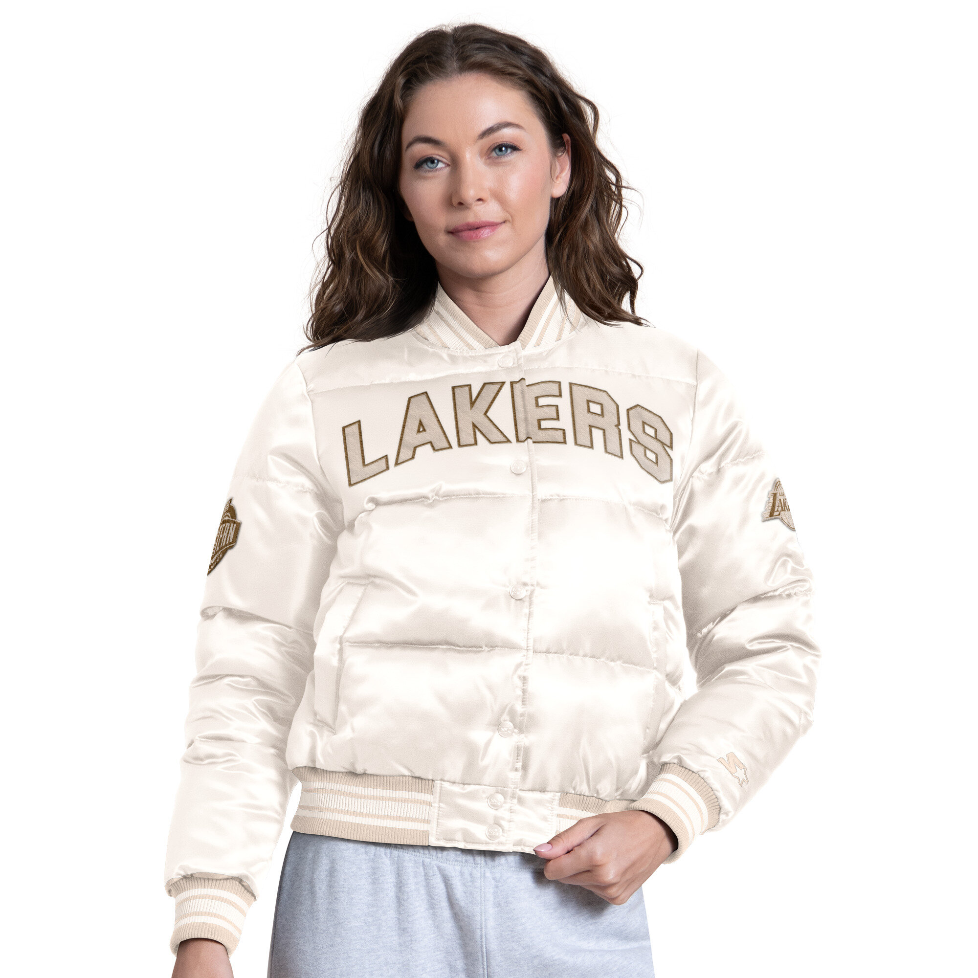 Women's Starter White Los Angeles Lakers Pump Fake Puffer Full Snap Cropped Jacket