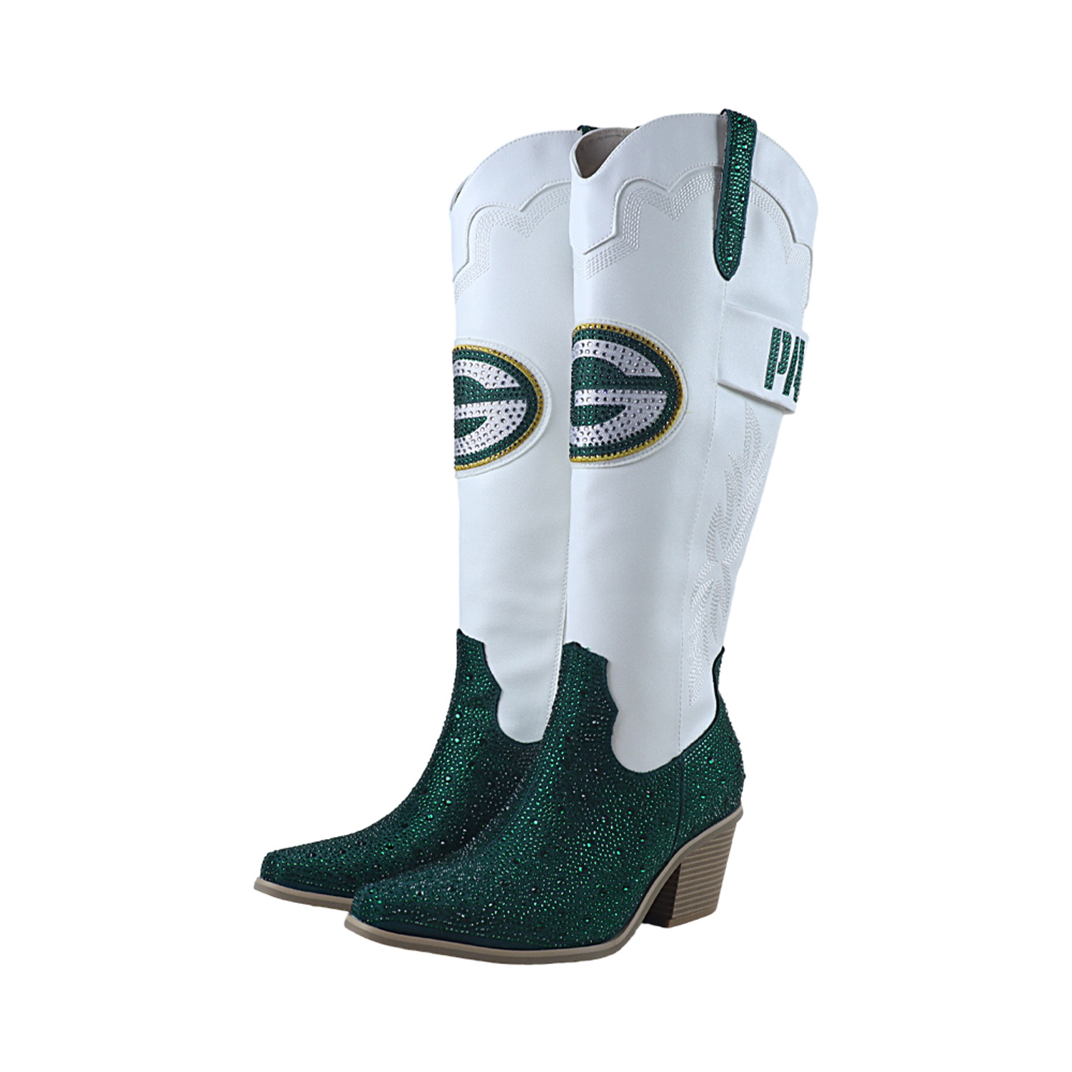 Women's FABGATING by Cuce  White Green Bay Packers Crystal Cowboy Boots