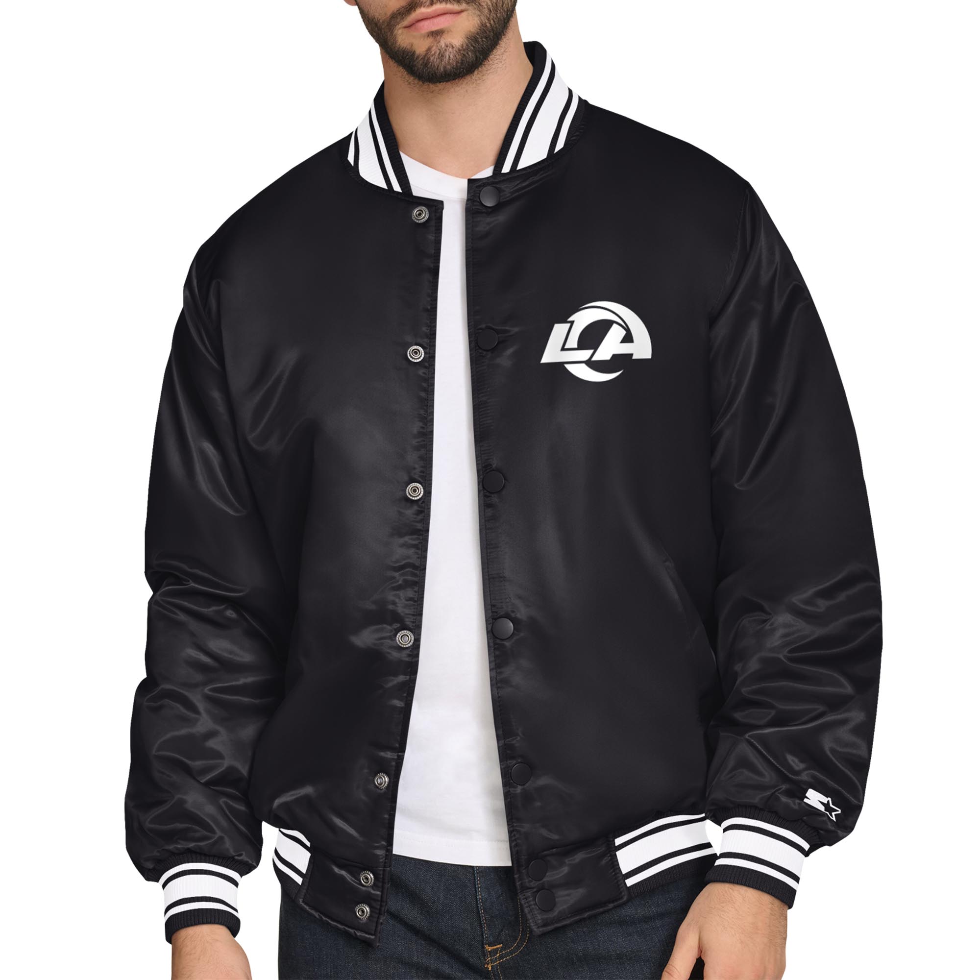 Men’s Starter Black Los Angeles Rams Satin Varsity Full-Snap Jacket Men’s Starter Black Los Angeles Rams Satin Varsity Full-Snap Jacket