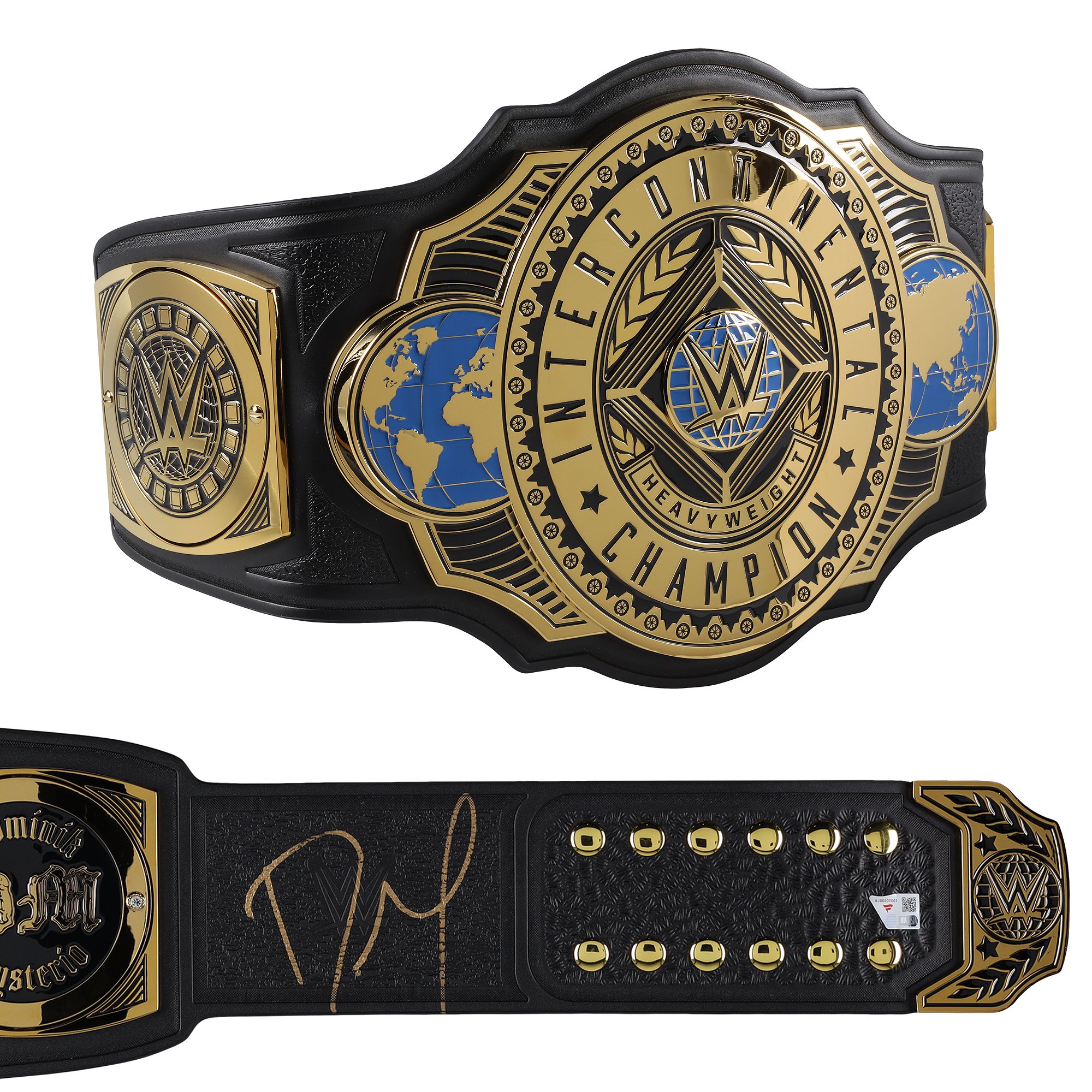 Dominik Mysterio WWE Autographed Intercontinental Championship Replica Title Belt with Talent Side Plates