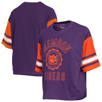 Women's Pressbox  Purple Clemson Tigers Sunday Colorblock Seal Slub T-Shirt