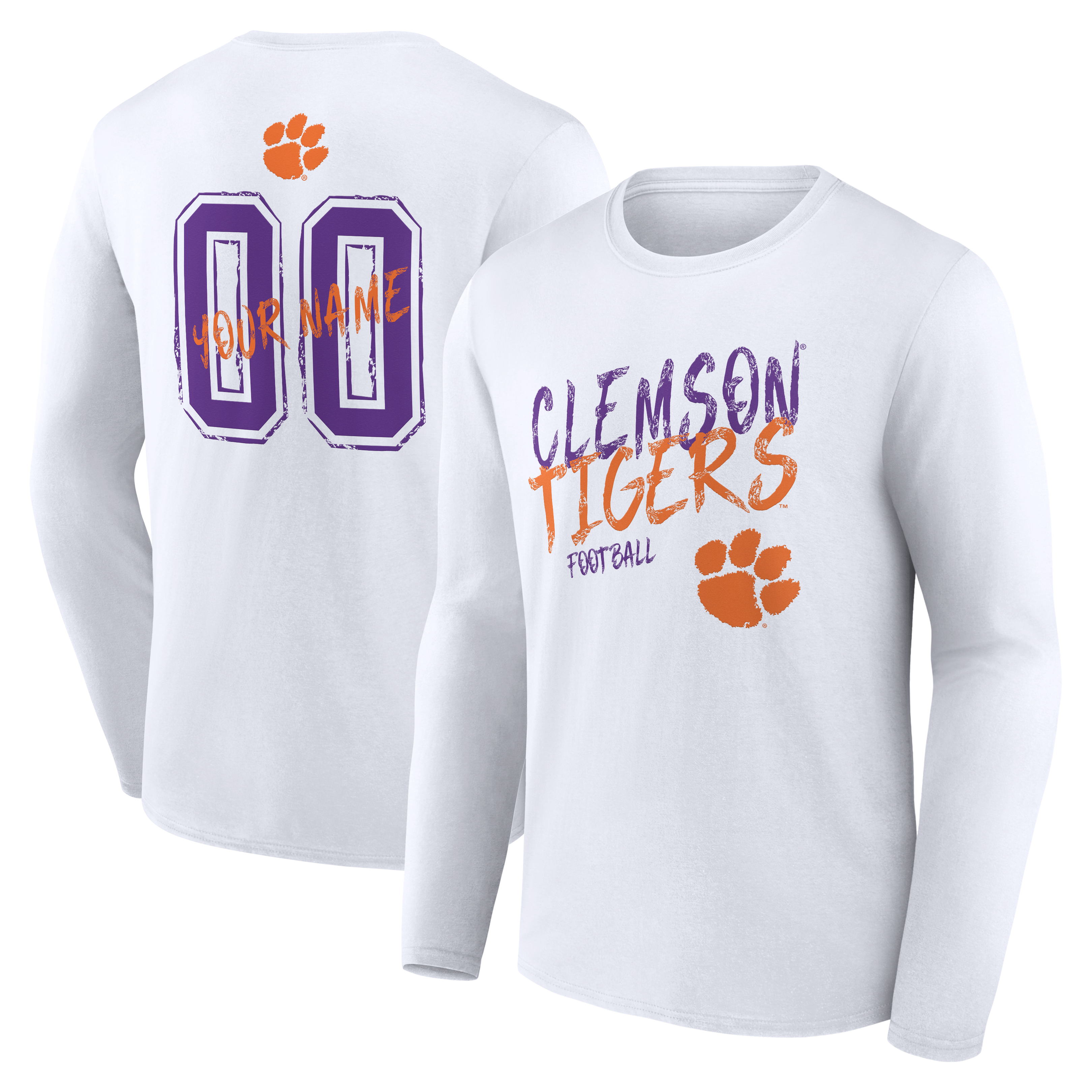 Men’s White Clemson Tigers Hustle Personalized Name & Number Long Sleeve T-Shirt