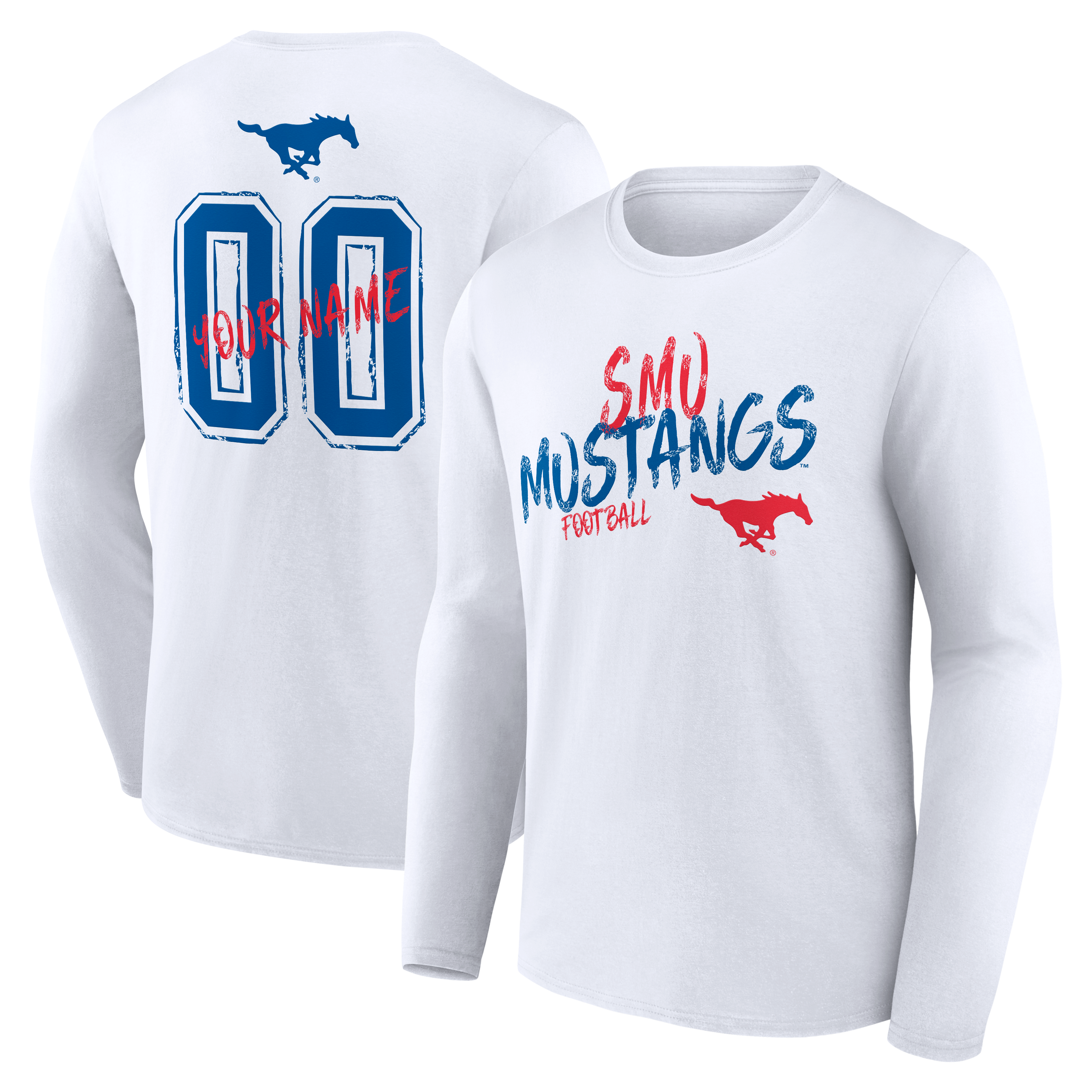 Men's White SMU Mustangs Hustle Personalized Name & Number Long Sleeve T-Shirt