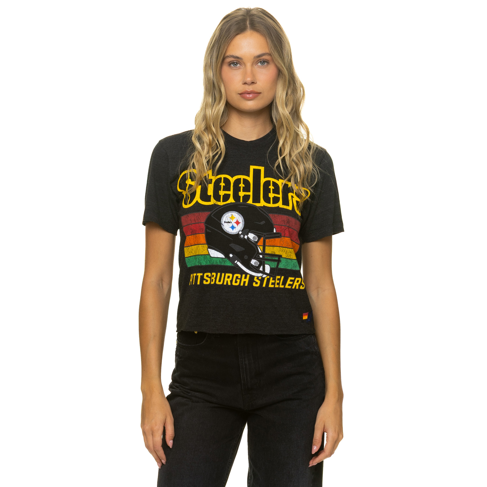 Women's Aviator Nation Black Pittsburgh Steelers Boxy Boyfriend Tri-Blend T-Shirt