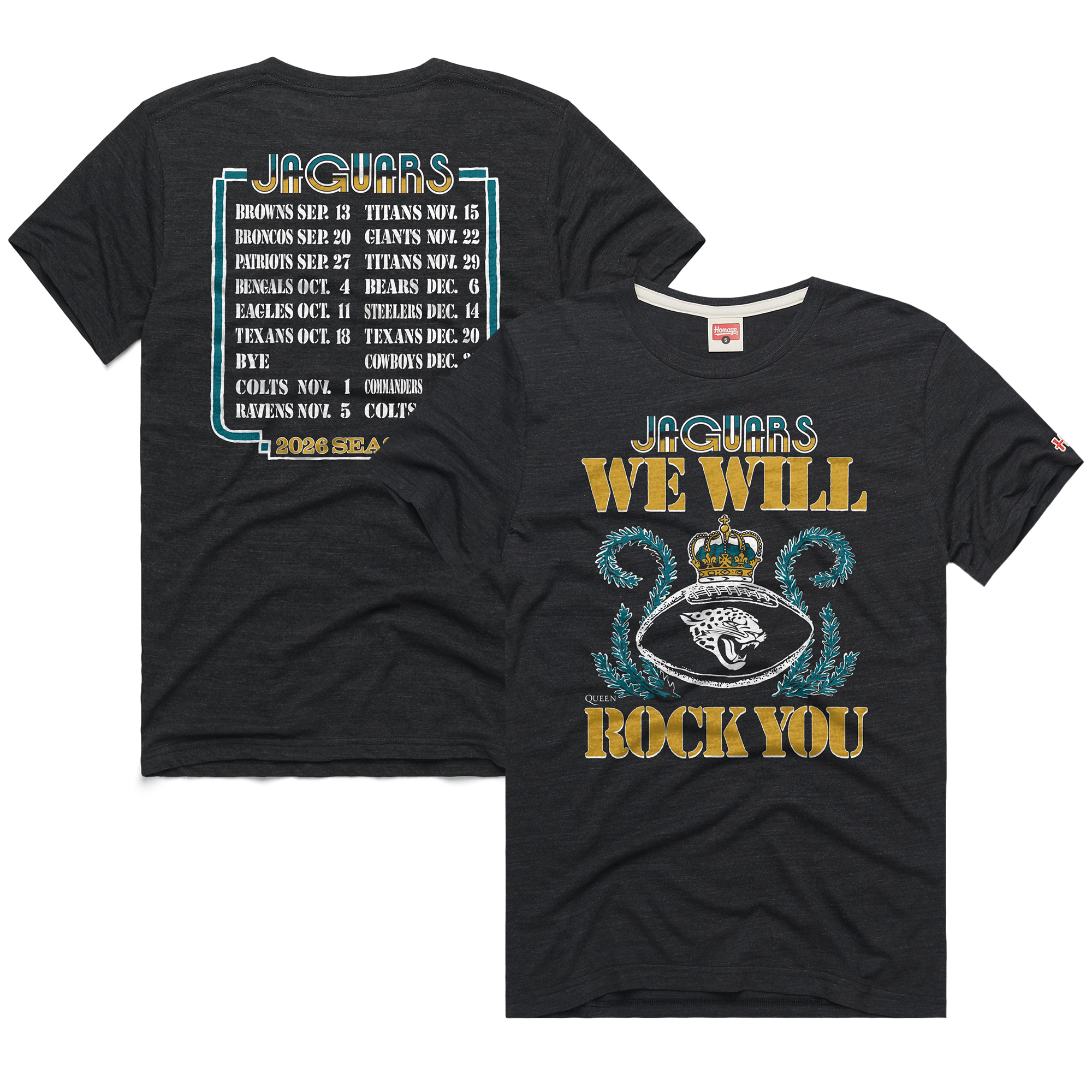 Homage Men's and Women's Charcoal Jacksonville Jaguars 2026 Nfl Schedule Queen Tri-Blend T-Shirt - Charcoal
