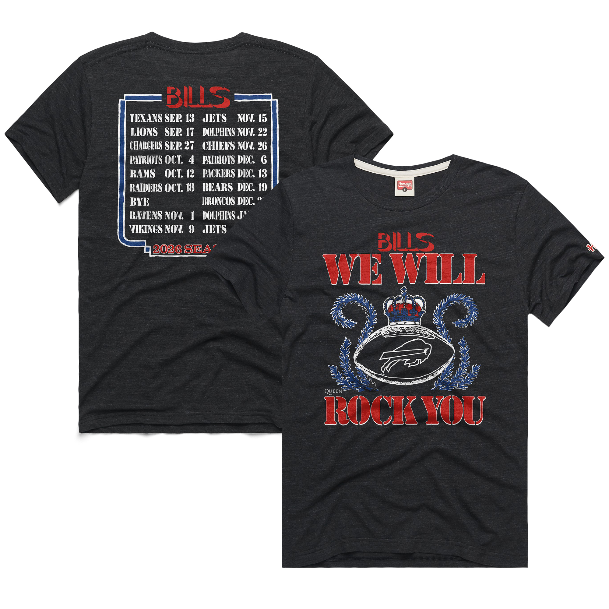 Unisex Homage Charcoal Buffalo Bills 2026 NFL Schedule Queen Tri-Blend T-Shirt