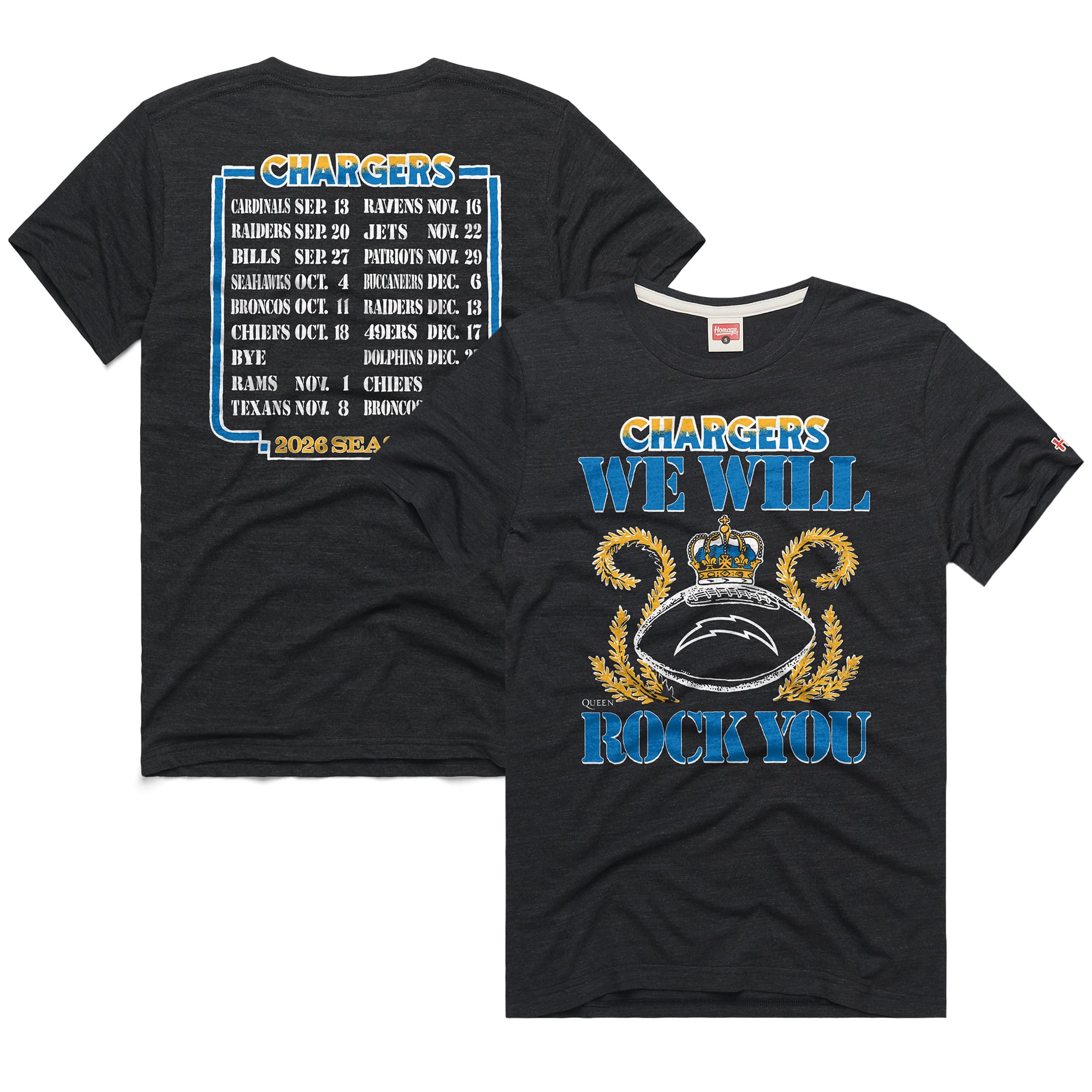 Unisex Homage Charcoal Los Angeles Chargers 2026 NFL Schedule Queen Tri-Blend T-Shirt