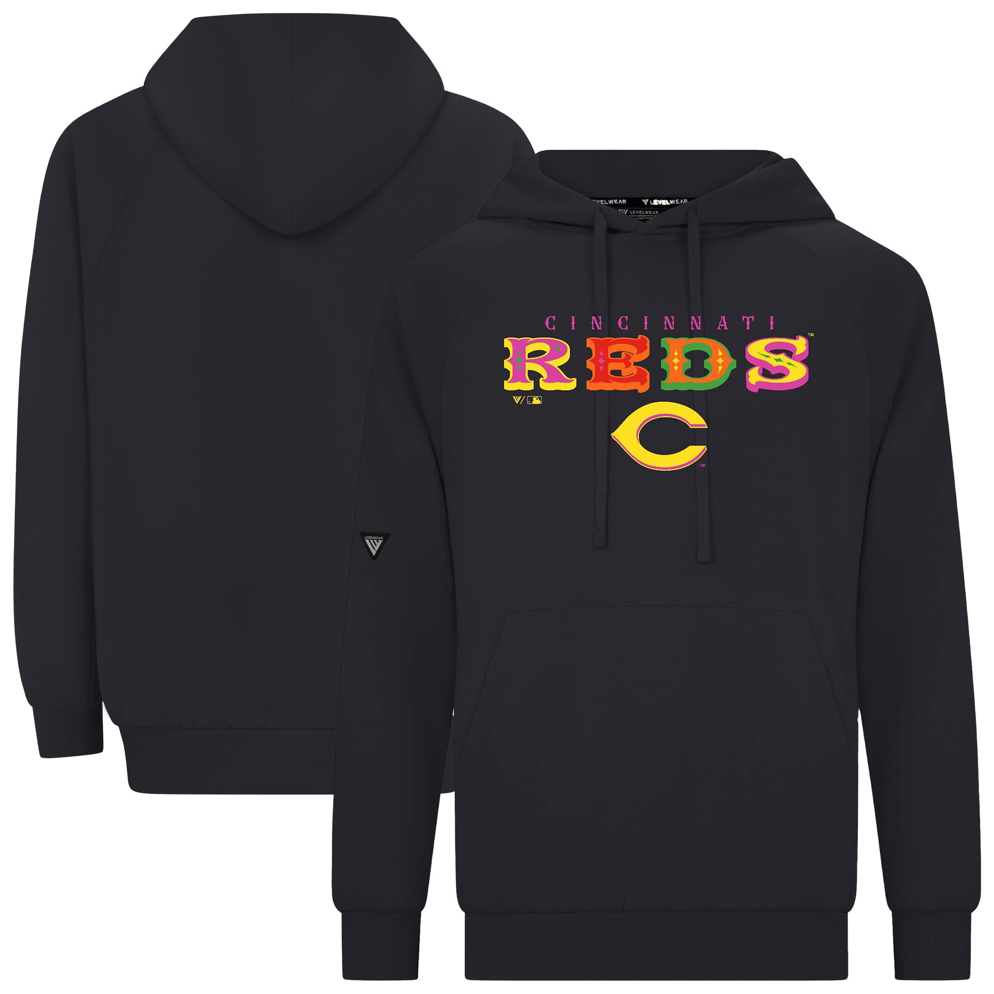Men's Levelwear Black Cincinnati Reds Fiesta Text Connect Raglan Hoodie