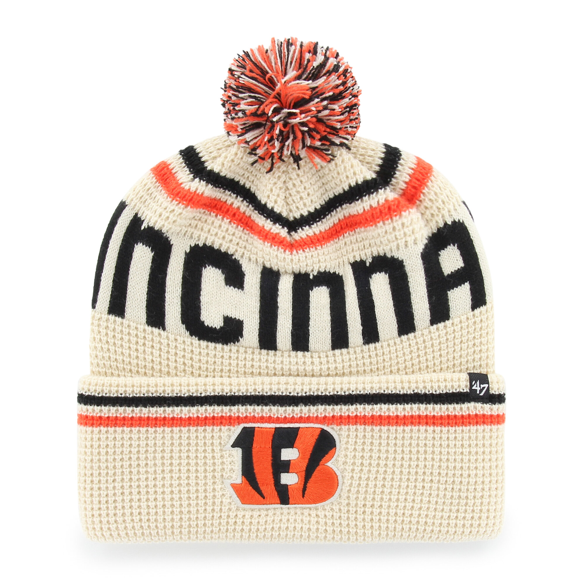 Men's '47  Natural Cincinnati Bengals Quattrle Cuffed Knit Hat with Pom