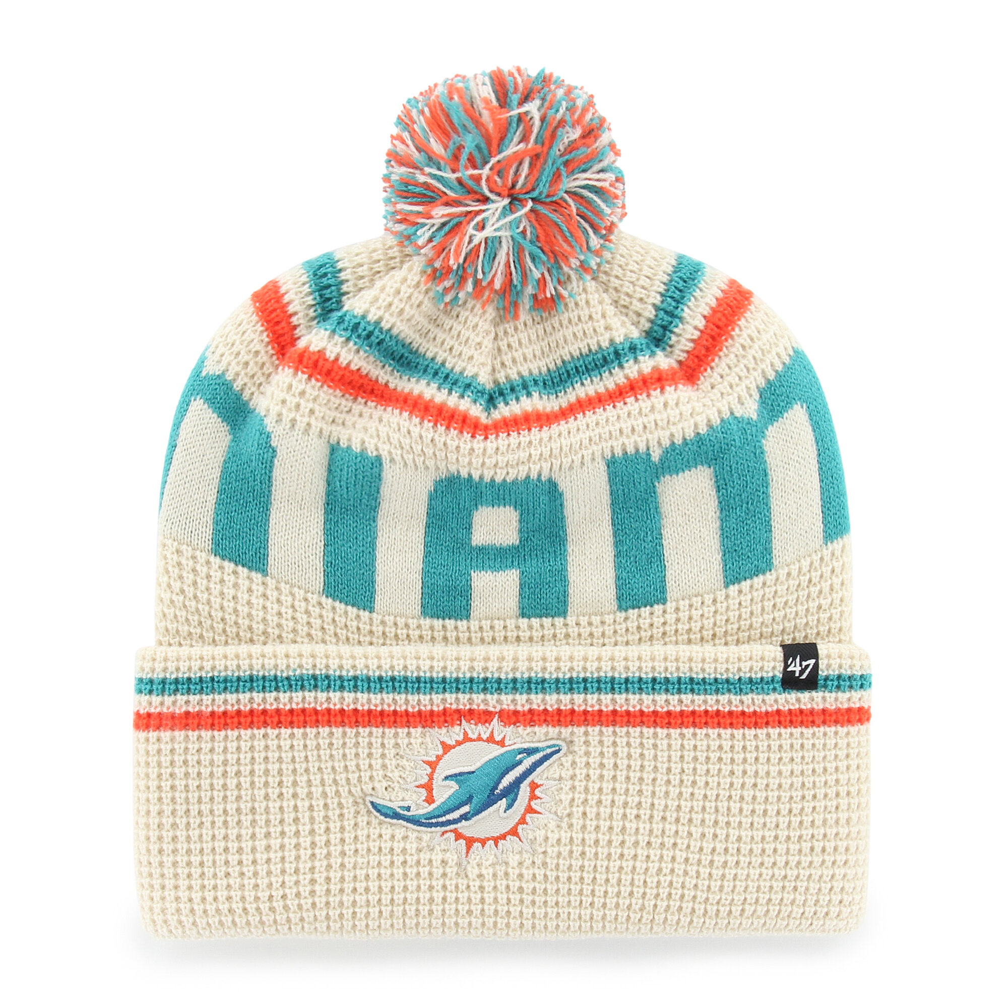 Men's '47  Natural Miami Dolphins Quattrle Cuffed Knit Hat with Pom