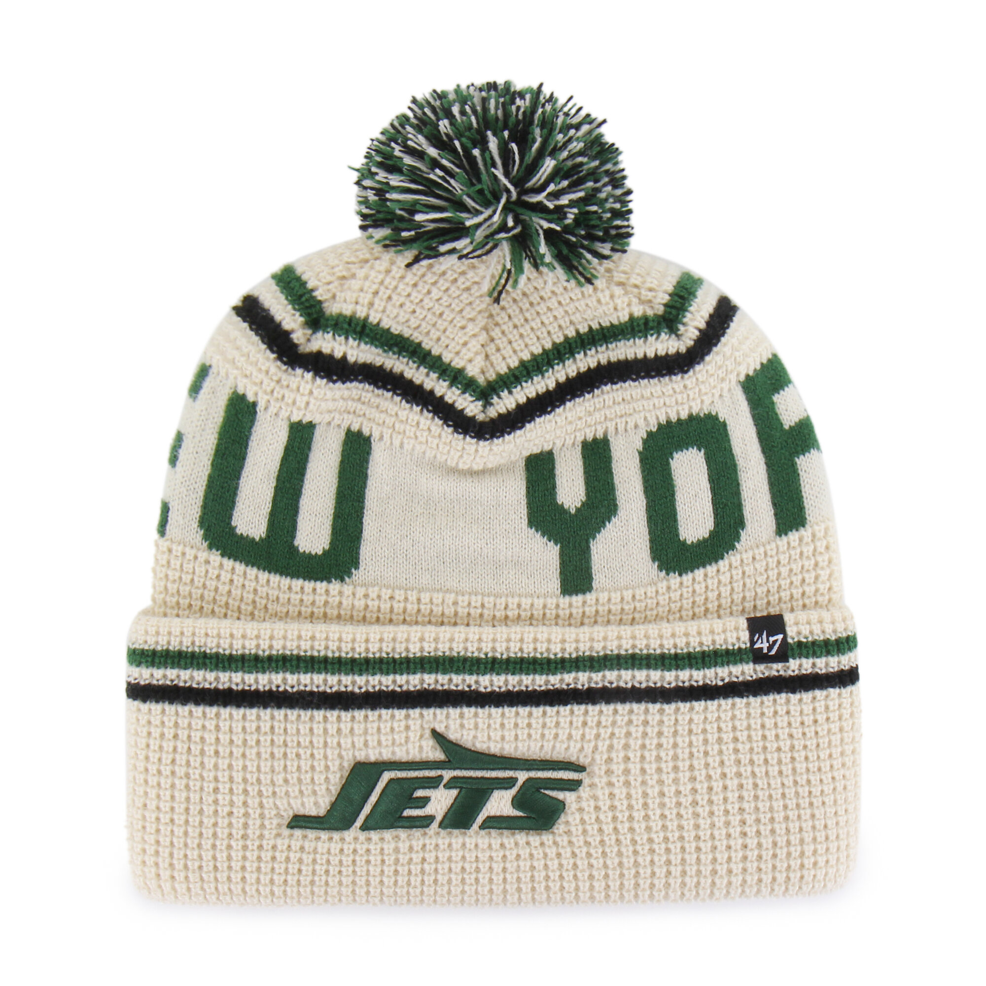 Men's '47  Natural New York Jets Quattrle Cuffed Knit Hat with Pom