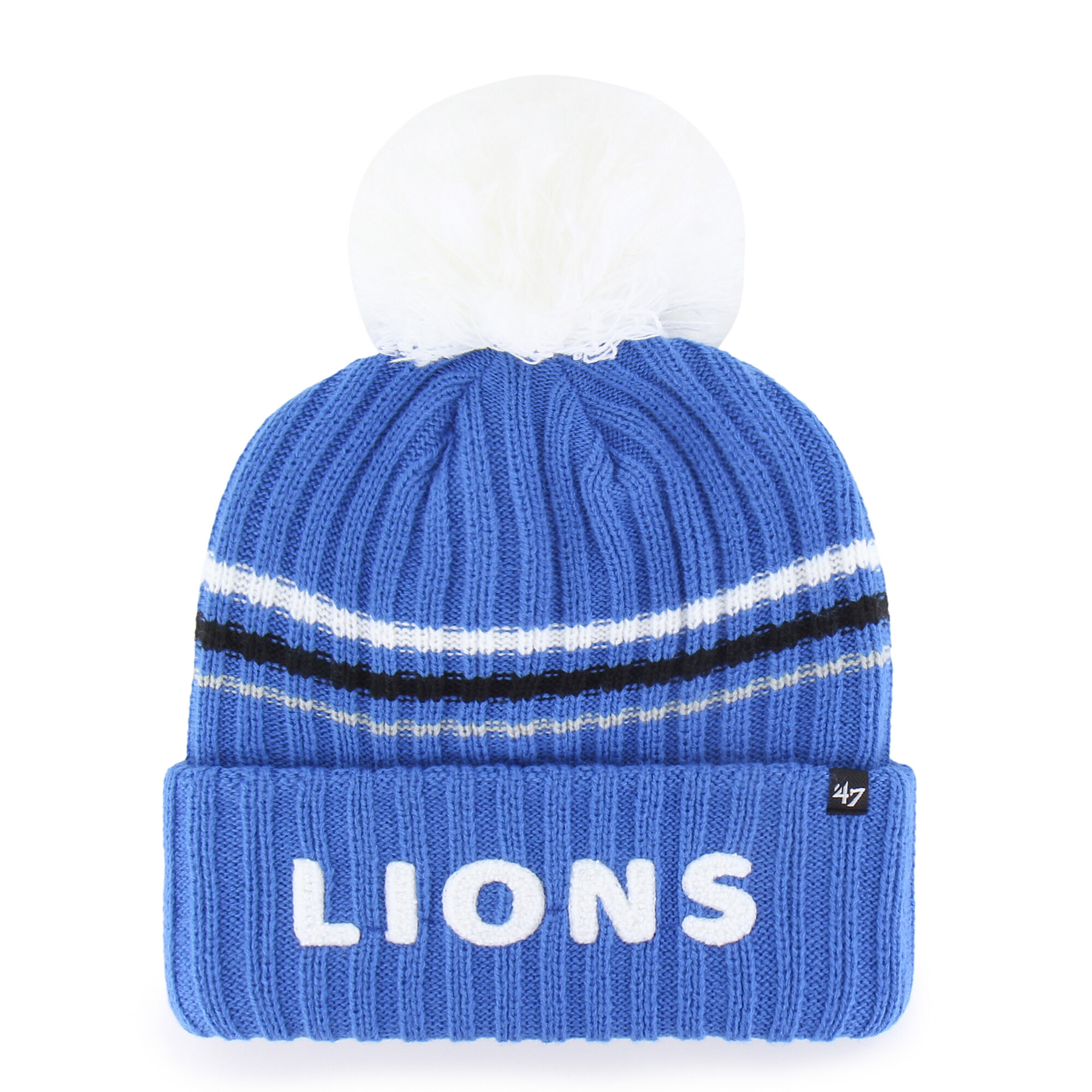 Women's '47  Blue Detroit Lions Fuzzy Script Cuffed Knit Hat with Pom