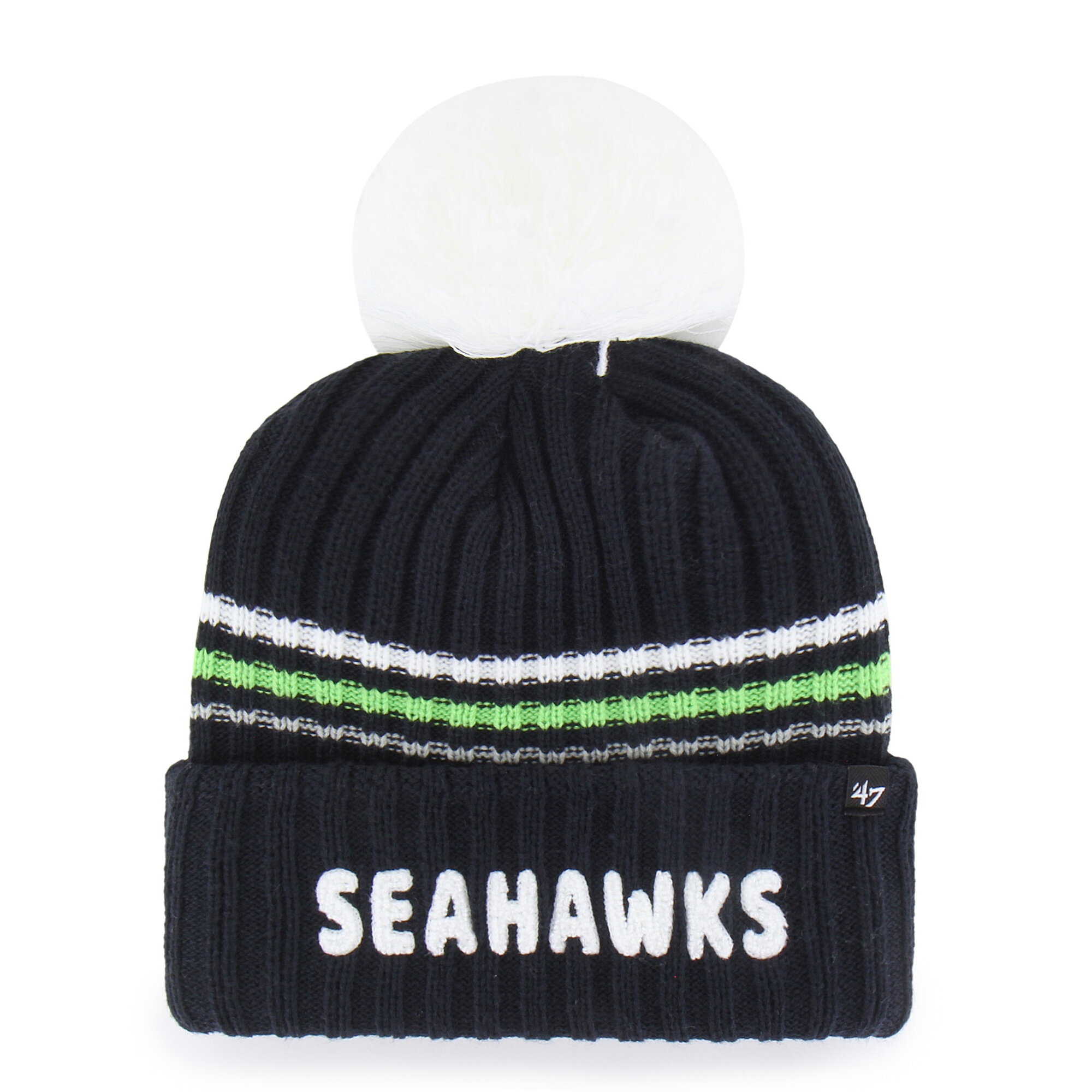 Women's '47  College Navy Seattle Seahawks Fuzzy Script Cuffed Knit Hat with Pom
