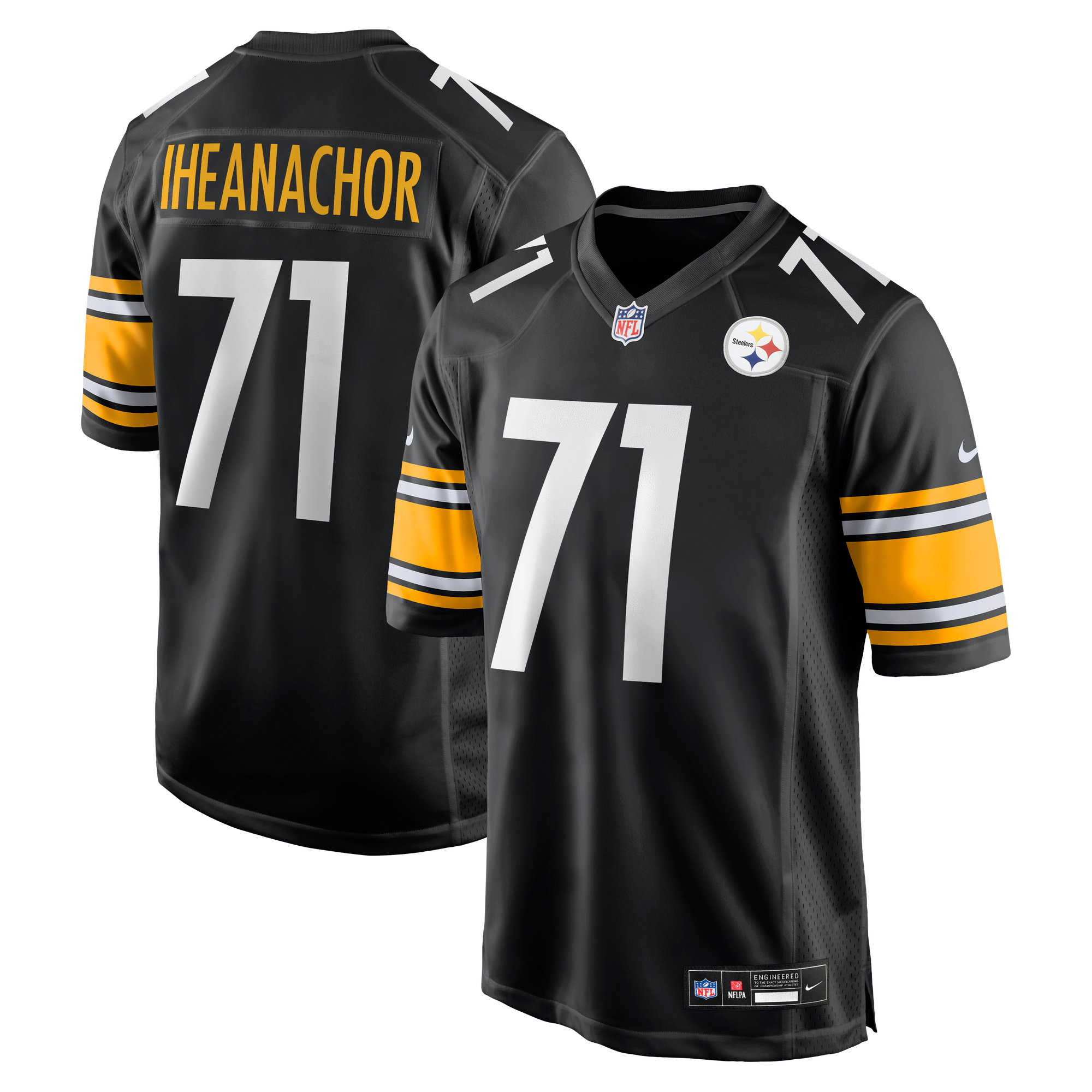 Maglia da gioco da uomo Nike Max Iheanachor nera dei Pittsburgh Steelers, scelta numero 21 del primo round del Draft NFL 2026.