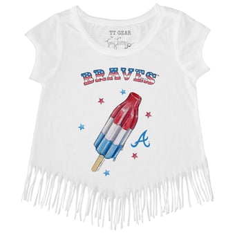 Girls Toddler Tiny Turnip White Atlanta Braves Rocket Pop Fringe T-Shirt