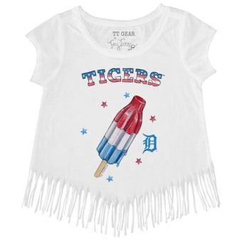 Girls Toddler Tiny Turnip White Detroit Tigers Rocket Pop Fringe T-Shirt