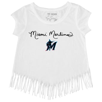 Girls Toddler Tiny Turnip White Miami Marlins Script Logo Fringe T-Shirt