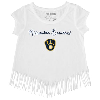 Girls Toddler Tiny Turnip White Milwaukee Brewers Script Logo Fringe T-Shirt