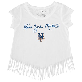 Girls Toddler Tiny Turnip White New York Mets Script Logo Fringe T-Shirt