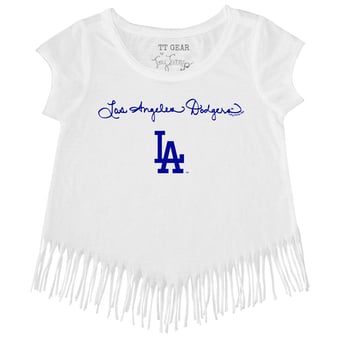 Girls Toddler Tiny Turnip White Los Angeles Dodgers Script Logo Fringe T-Shirt