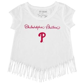 Girls Toddler Tiny Turnip White Philadelphia Phillies Script Logo Fringe T-Shirt