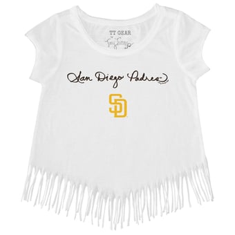 Girls Toddler Tiny Turnip White San Diego Padres Script Logo Fringe T-Shirt
