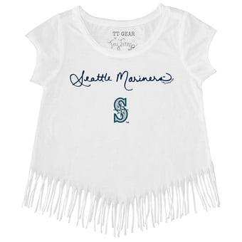 Girls Toddler Tiny Turnip White Seattle Mariners Script Logo Fringe T-Shirt